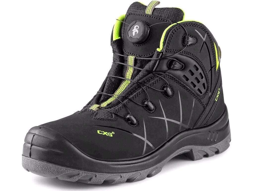 CXS UNIVERSE STRATUS S3S Nubuck Safety Boots – product photo, black/green with hi-vis details