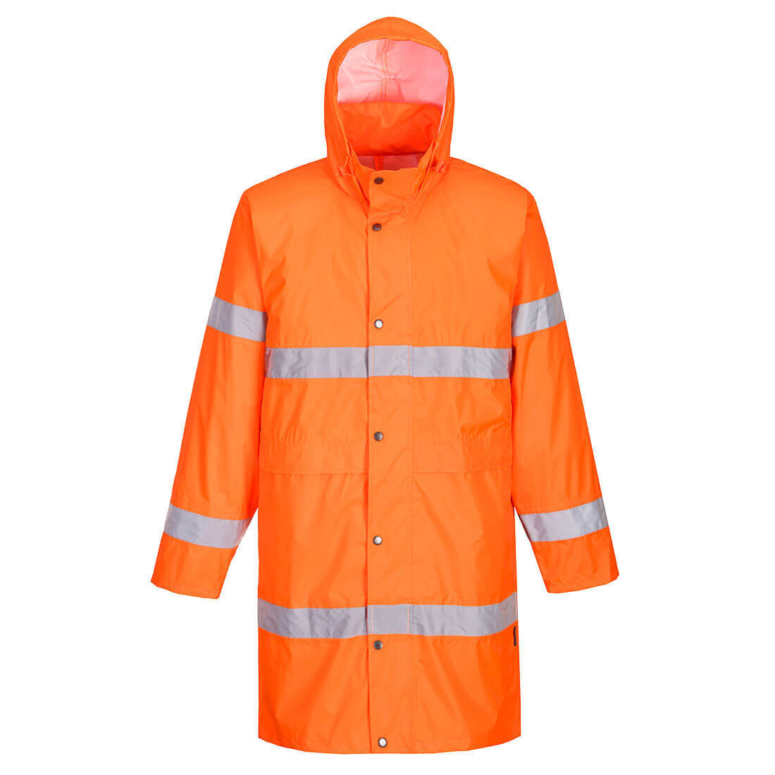 Portwest H442 Hi-Vis Raincoat – 100 cm – front view, orange