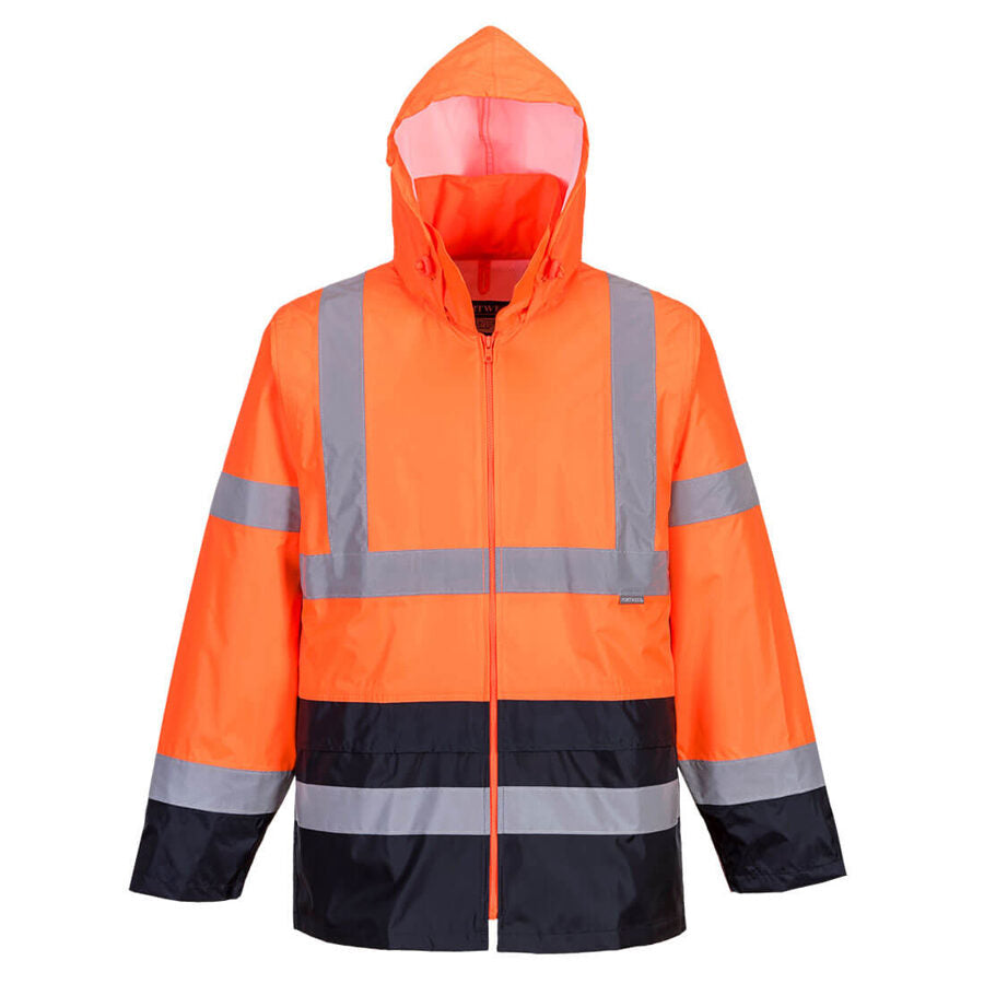 Portwest H443 Hi-Vis Contrast Classic Rain Jacket – front view, orange/blue