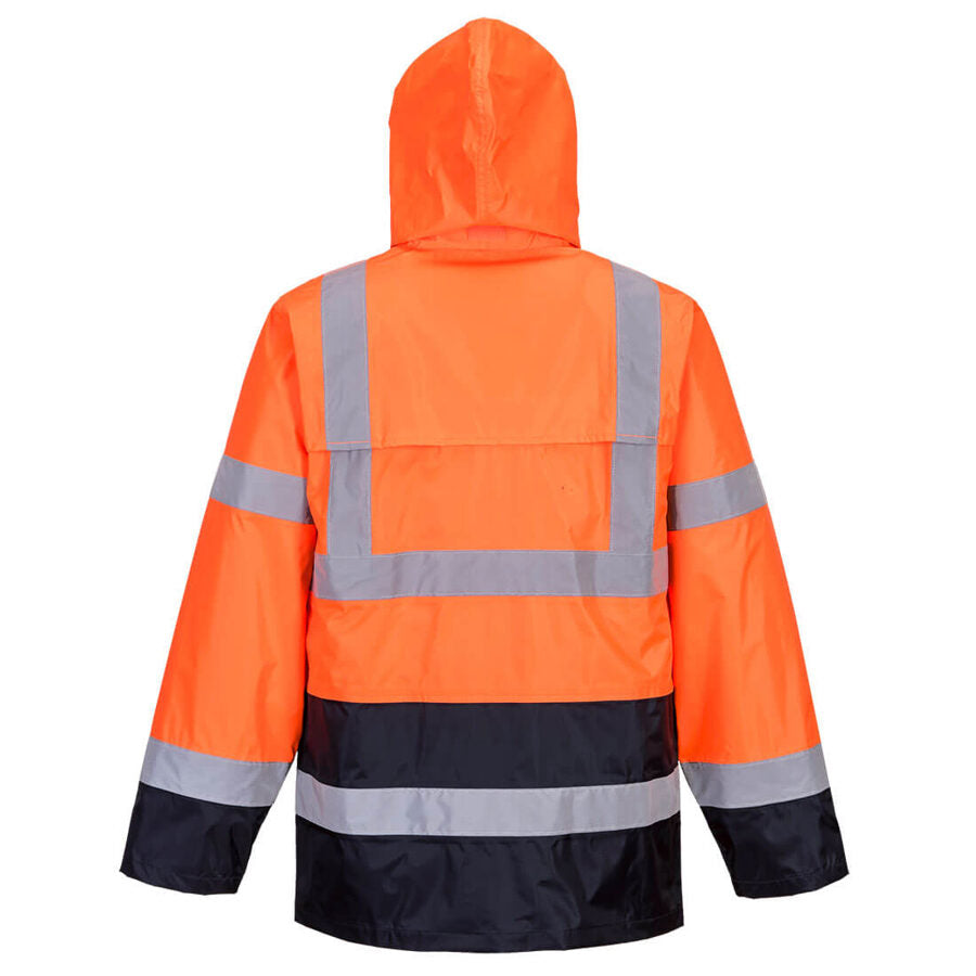 Portwest H443 Hi-Vis Contrast Classic Rain Jacket – back view, orange/blue