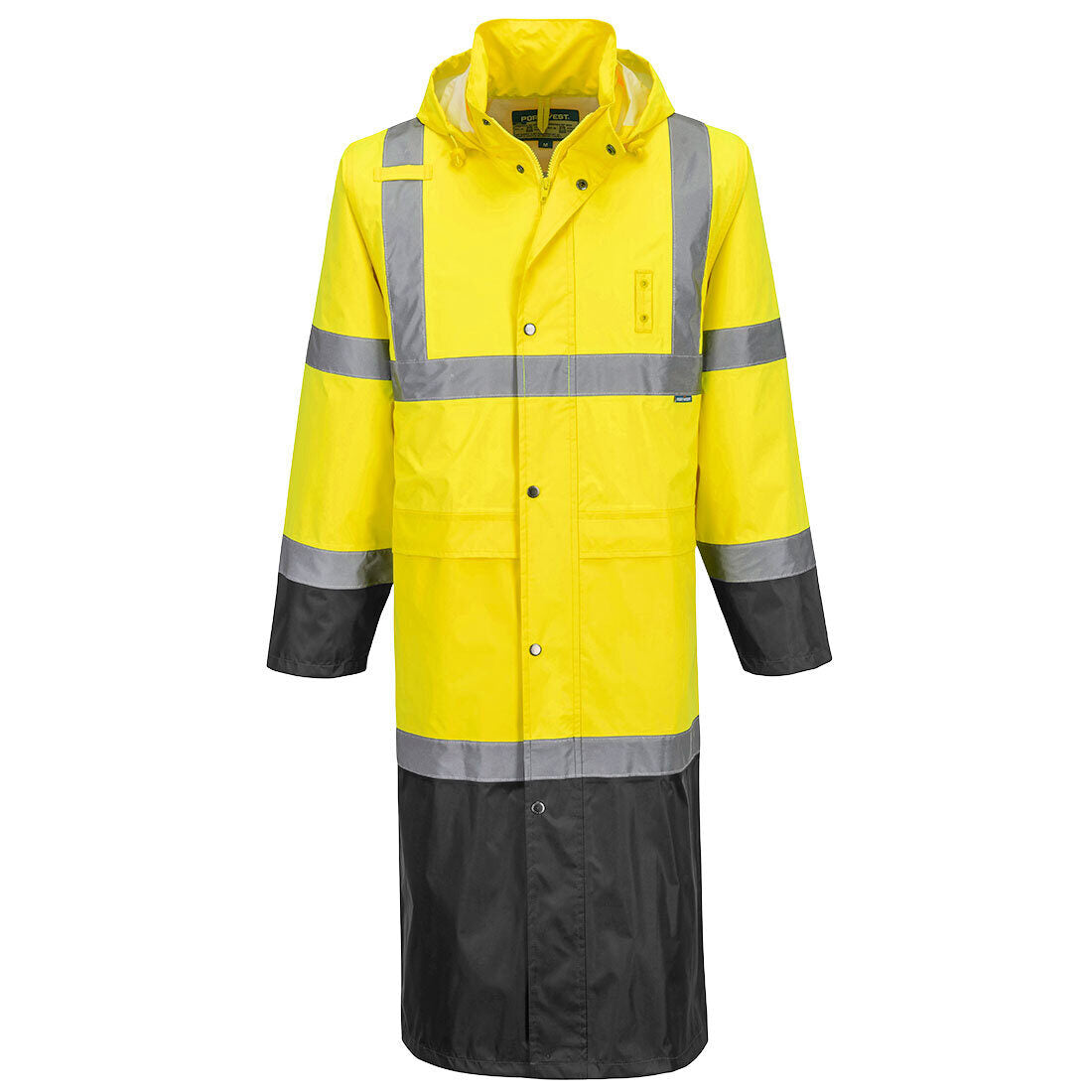 Portwest H446 Hi-Vis Contrast Raincoat – 122 cm – front view, yellow/black