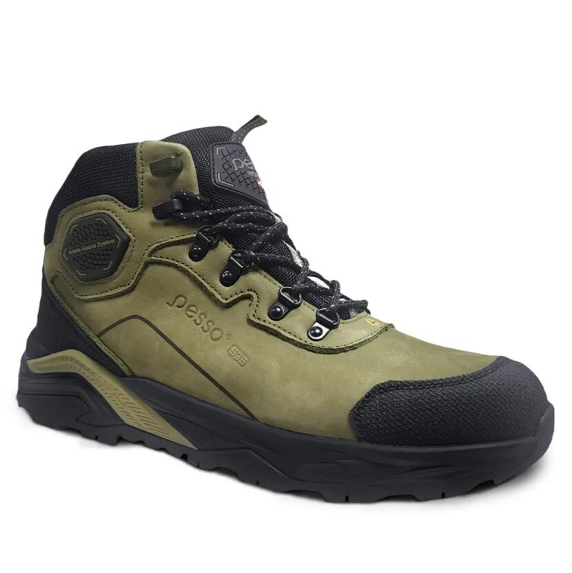 Pesso NEXUS S3S SR FO ESD Leather Safety Shoes – product photo, black/moss green