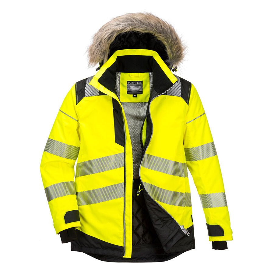Portwest PW369 Hi-Vis Winter Parka – front view, yellow/black