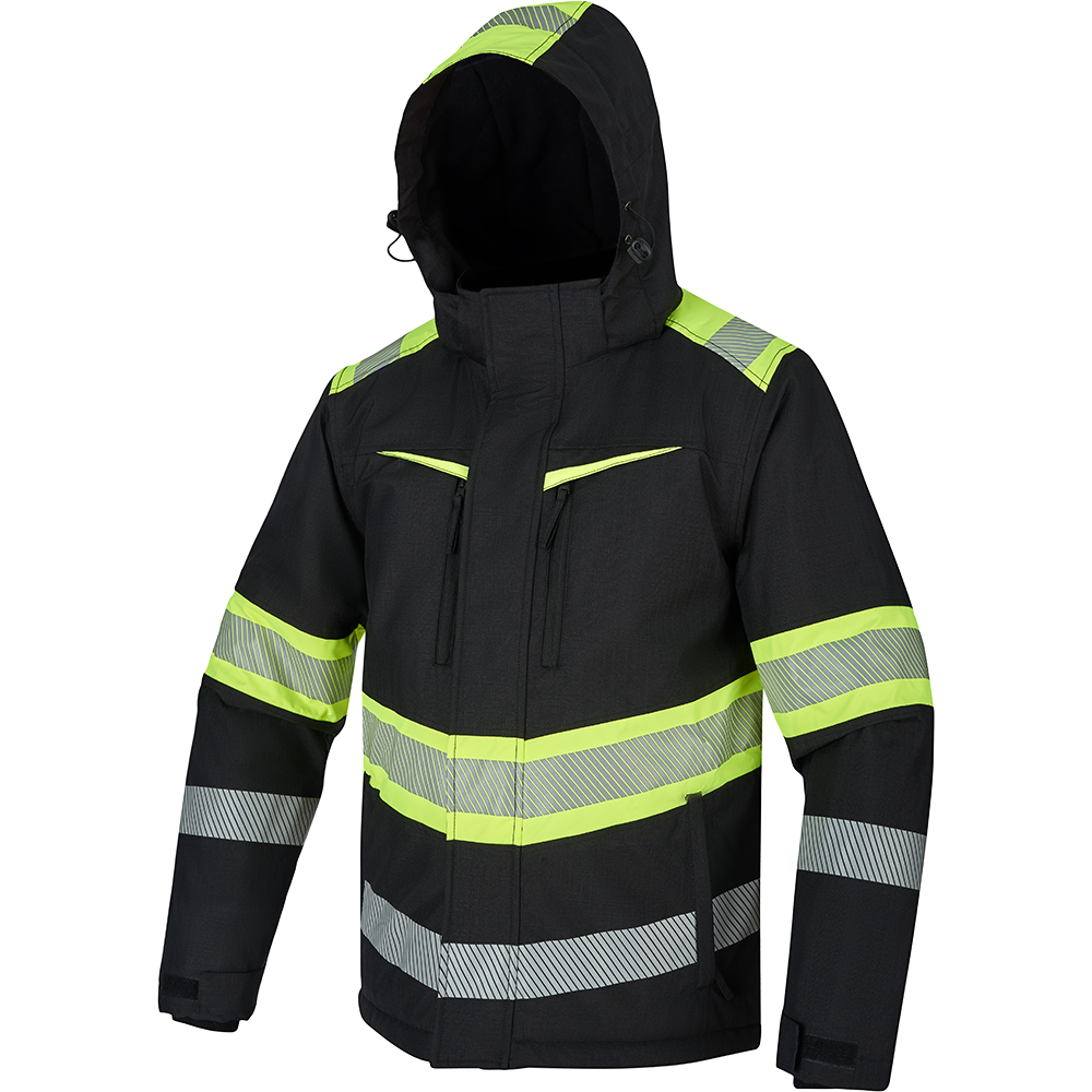 STEPO CHELSEA BLACK Ripstop Winter Work Jacket – front view, black/yellow