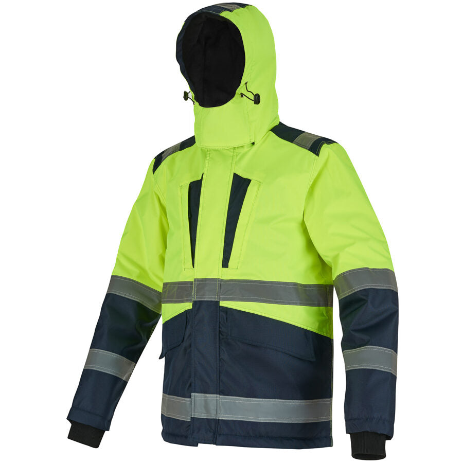STEPO NEW KAUKAZ Hi-Vis Waterproof Winter Jacket – front view, yellow/dark blue