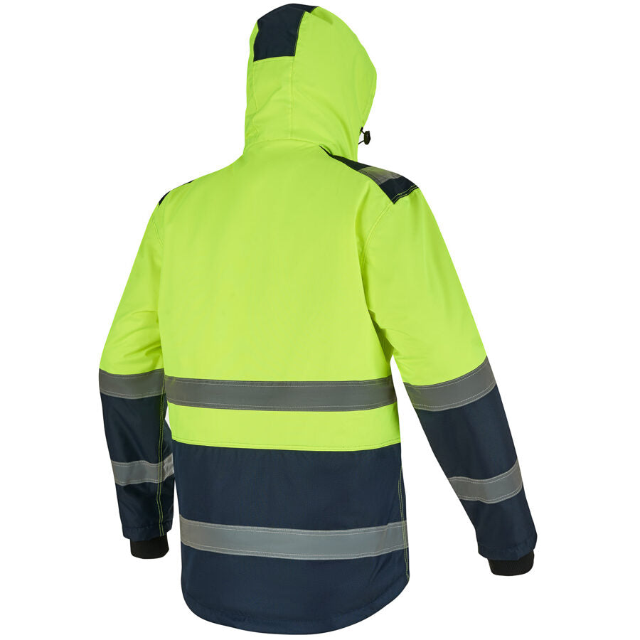STEPO NEW KAUKAZ Hi-Vis Waterproof Winter Jacket – back view, yellow/dark blue