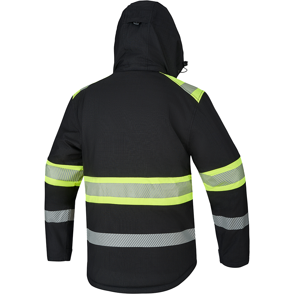STEPO CHELSEA BLACK Ripstop Winter Work Jacket – back view, black/yellow
