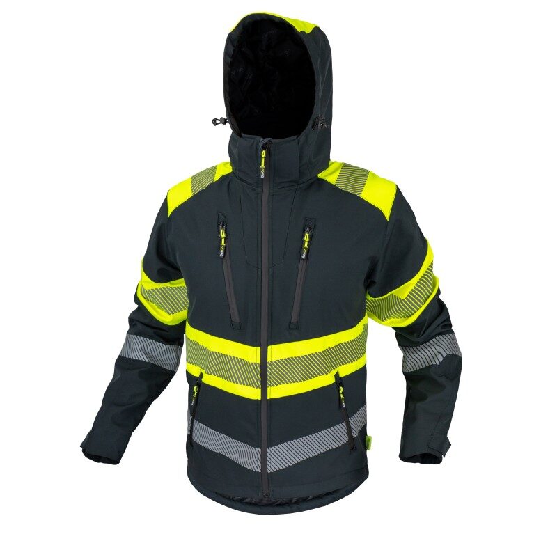 CANNYGO BERGO hi-vis winter work jacket, front view – navy with yellow panels and 5 cm reflective tape