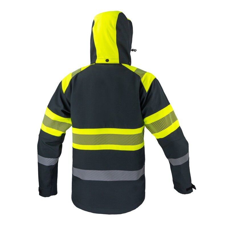 CANNYGO BERGO hi-vis winter work jacket, back view – extended back with reflective stripes